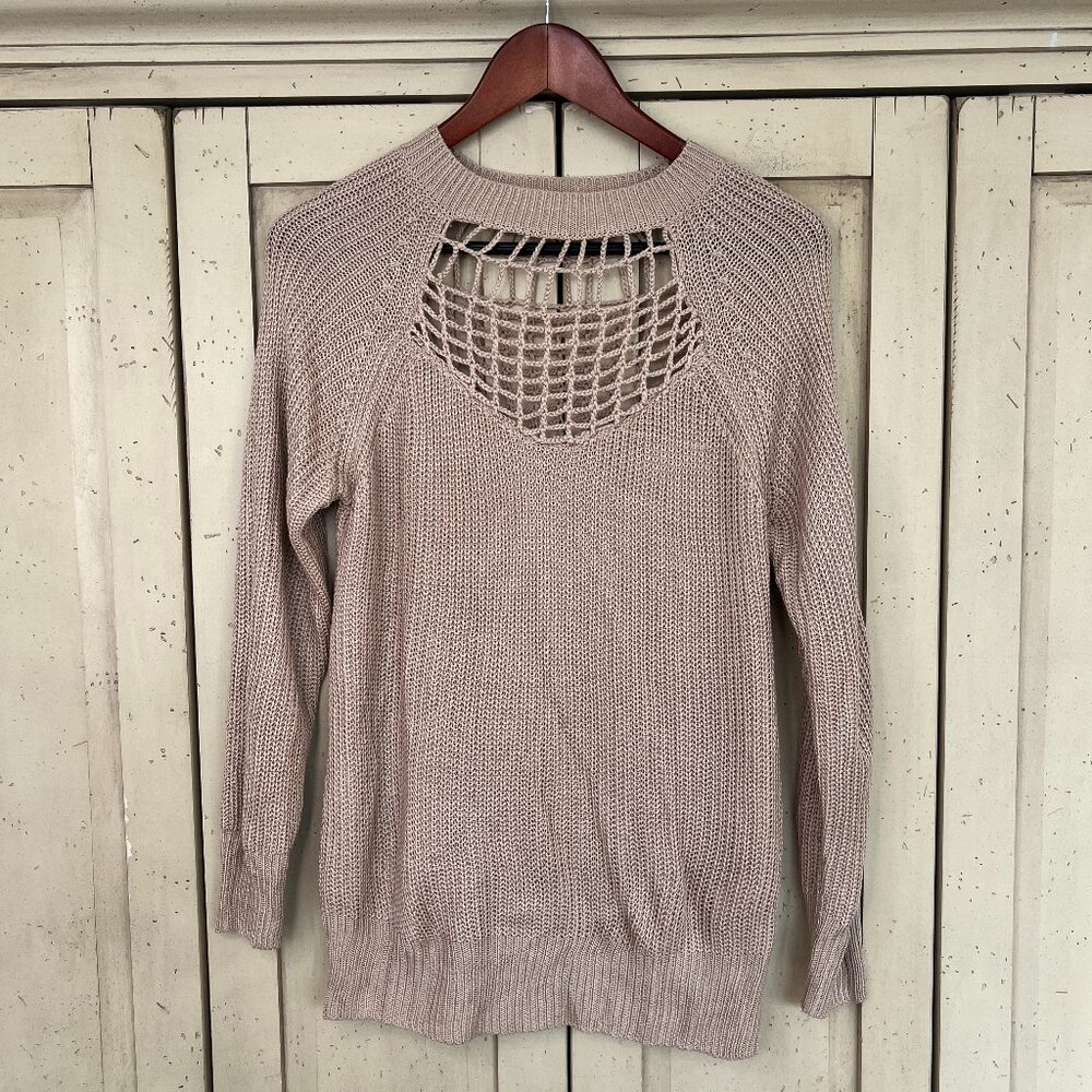 Gab & Kate Taupe Open-Knit Cutout Sweater, Size S/M